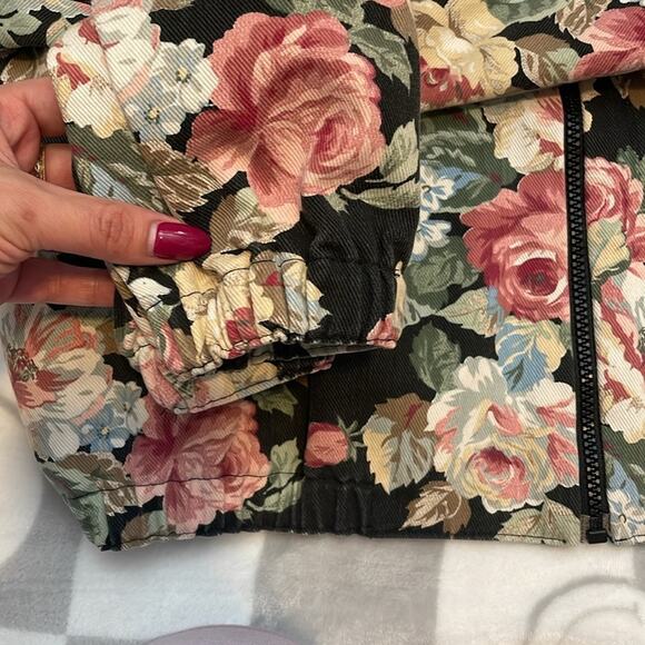 VTG TAPESTRY floral, denim collared, zip up bomber jacket pink black m - Picture 7 of 7